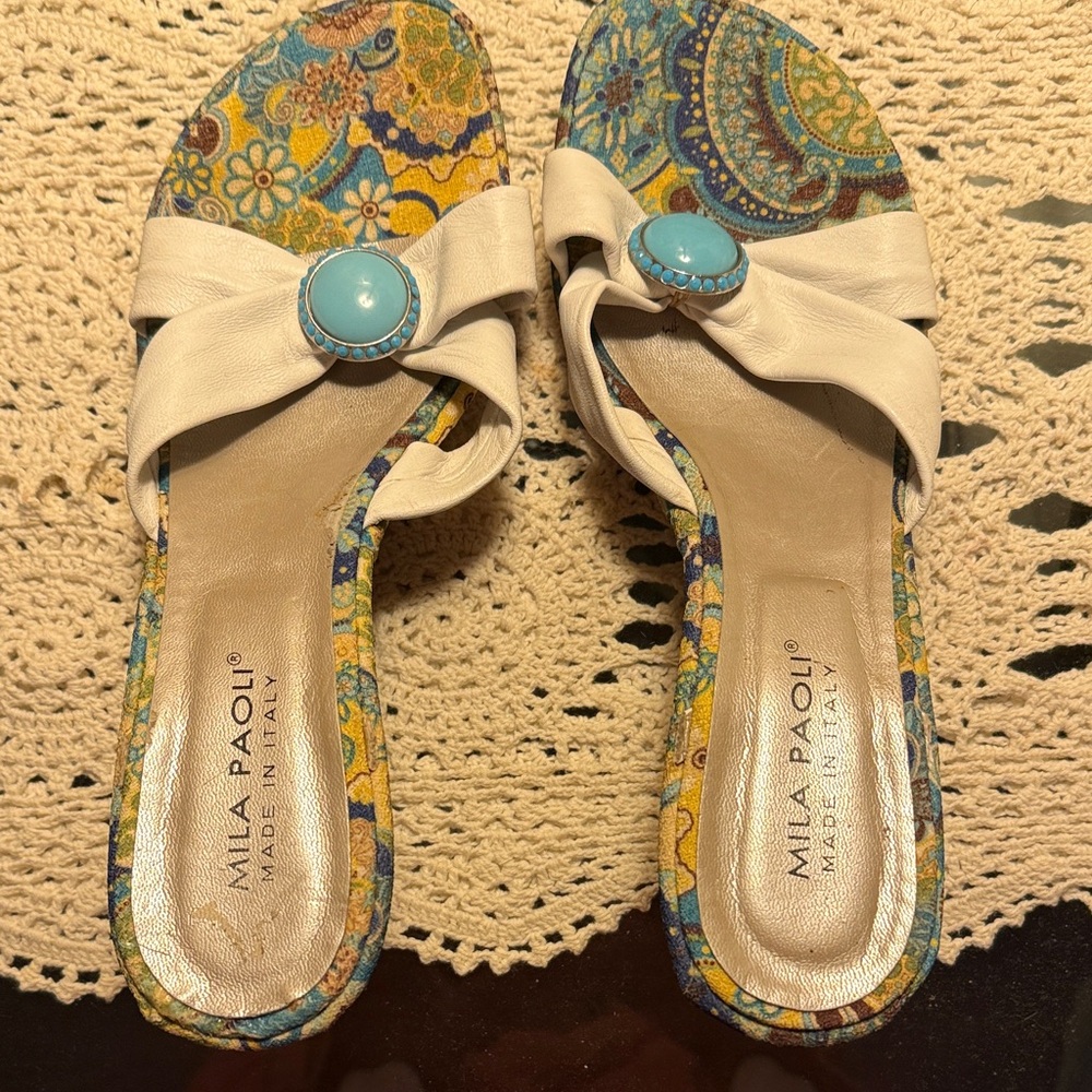 Mila Paoli White Slide Sandals with Turquoise Medallions